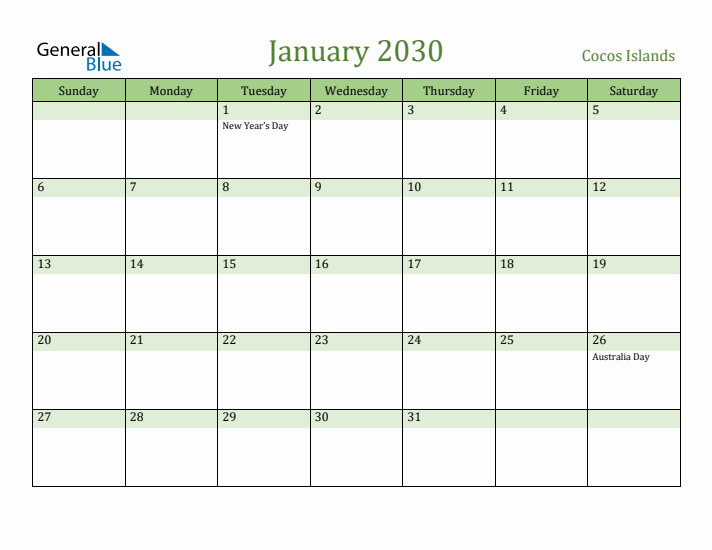 January 2030 Calendar with Cocos Islands Holidays