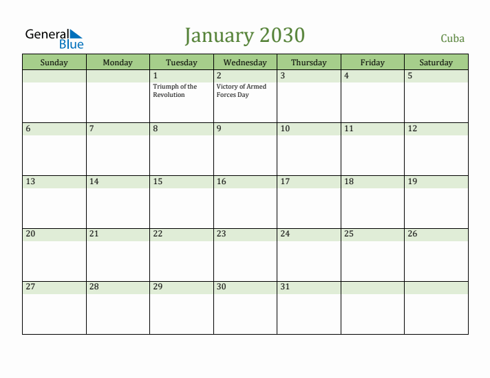 January 2030 Calendar with Cuba Holidays