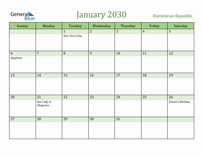 January 2030 Calendar with Dominican Republic Holidays