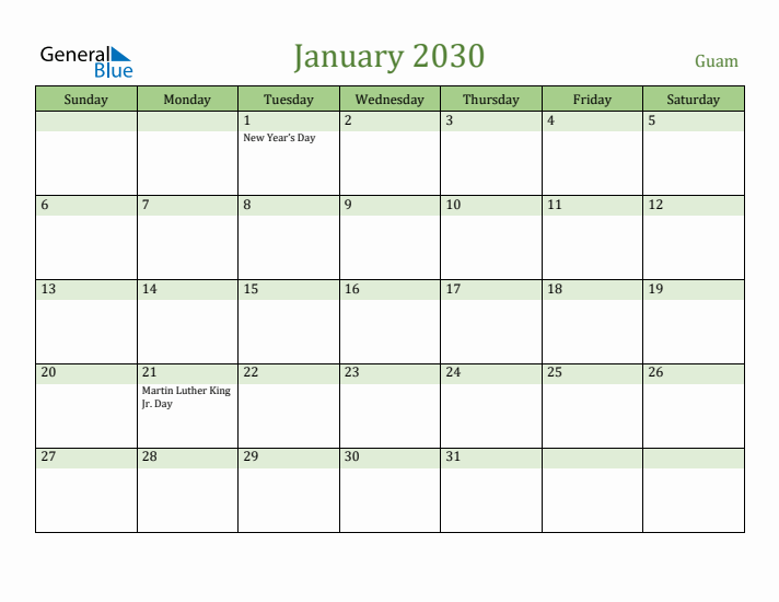 January 2030 Calendar with Guam Holidays