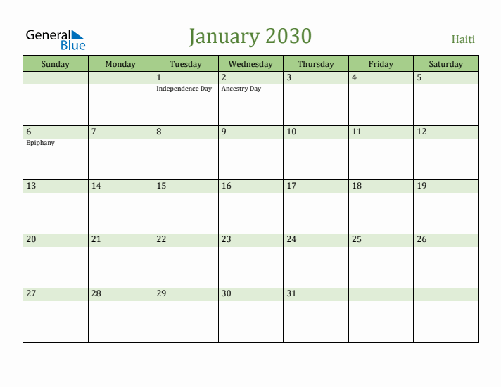 January 2030 Calendar with Haiti Holidays