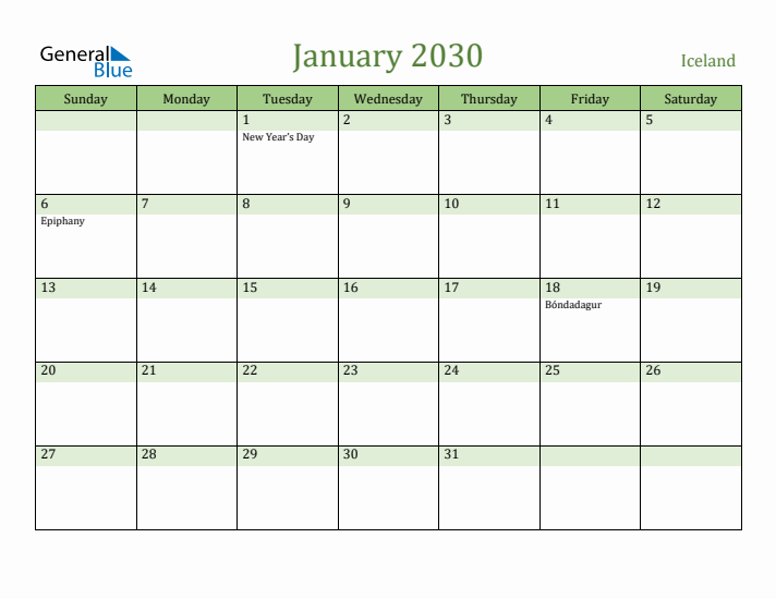January 2030 Calendar with Iceland Holidays