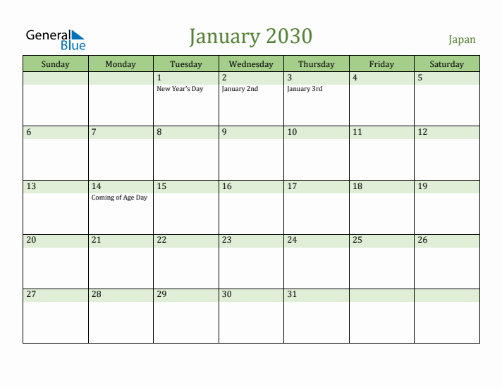 January 2030 Calendar with Japan Holidays