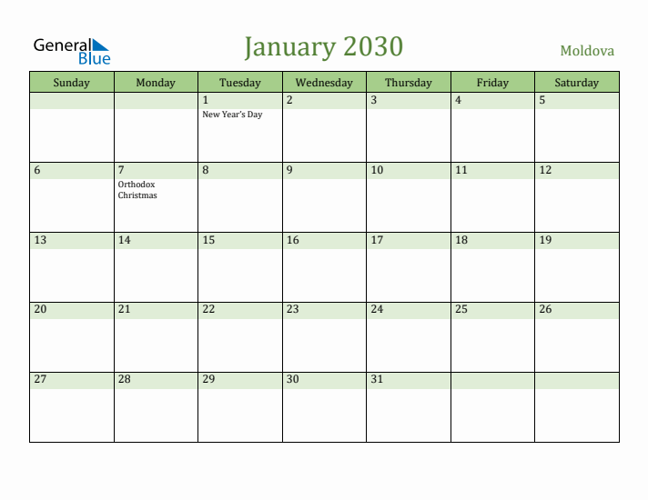 January 2030 Calendar with Moldova Holidays