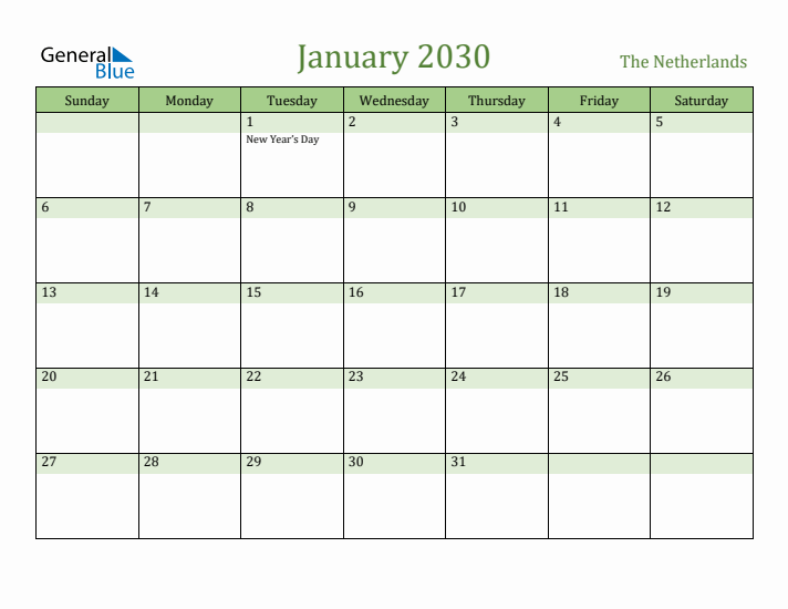 January 2030 Calendar with The Netherlands Holidays