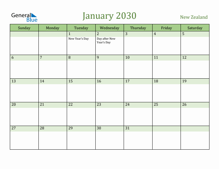 January 2030 Calendar with New Zealand Holidays