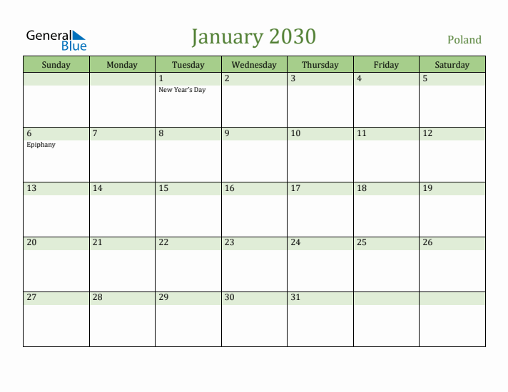 January 2030 Calendar with Poland Holidays
