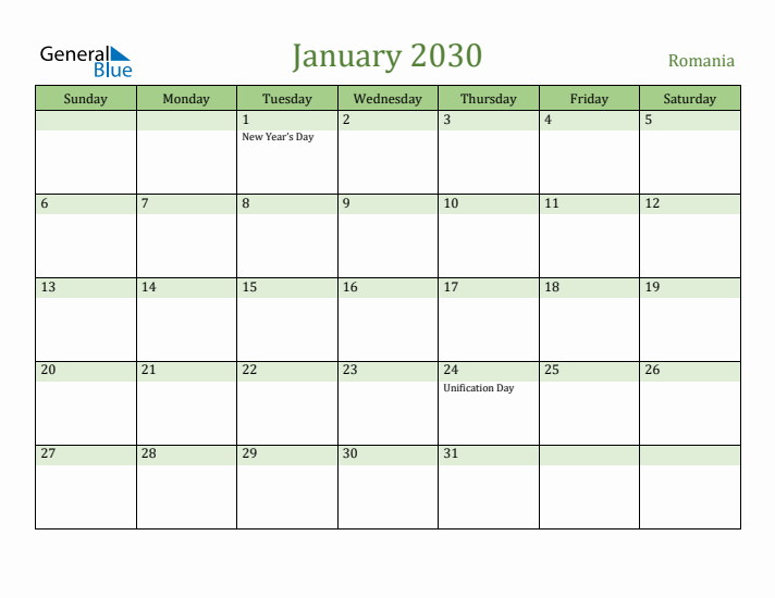 January 2030 Calendar with Romania Holidays