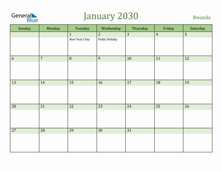January 2030 Calendar with Rwanda Holidays