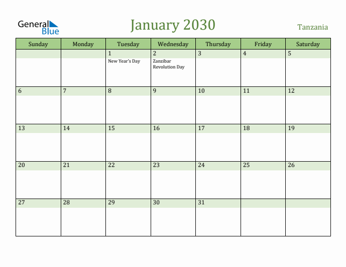 January 2030 Calendar with Tanzania Holidays