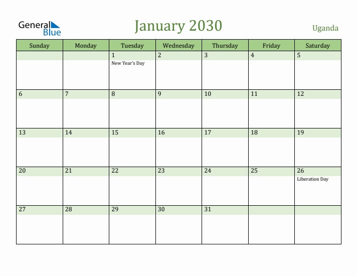January 2030 Calendar with Uganda Holidays