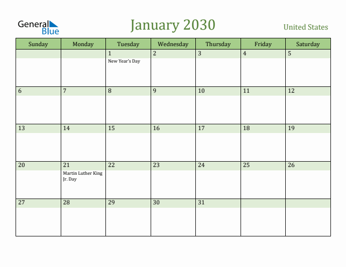January 2030 Calendar with United States Holidays