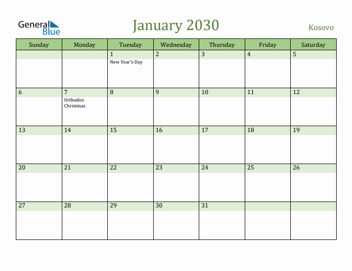 January 2030 Calendar with Kosovo Holidays