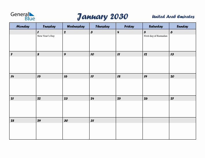 January 2030 Calendar with Holidays in United Arab Emirates