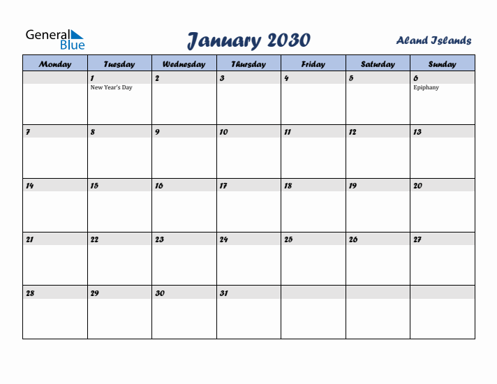 January 2030 Calendar with Holidays in Aland Islands
