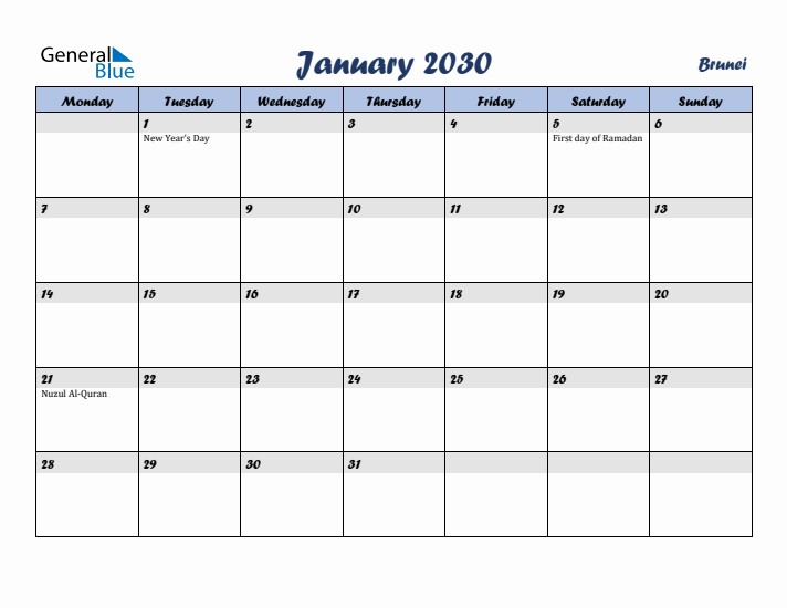 January 2030 Calendar with Holidays in Brunei