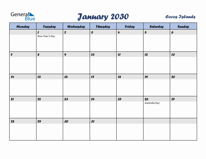 January 2030 Calendar with Holidays in Cocos Islands