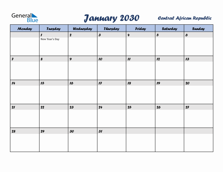 January 2030 Calendar with Holidays in Central African Republic