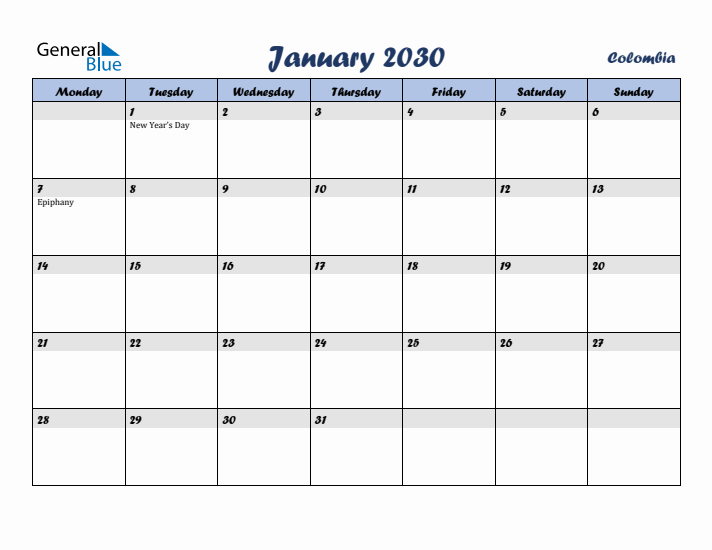 January 2030 Calendar with Holidays in Colombia
