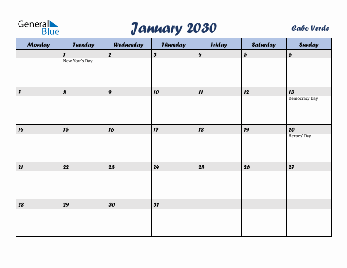 January 2030 Calendar with Holidays in Cabo Verde