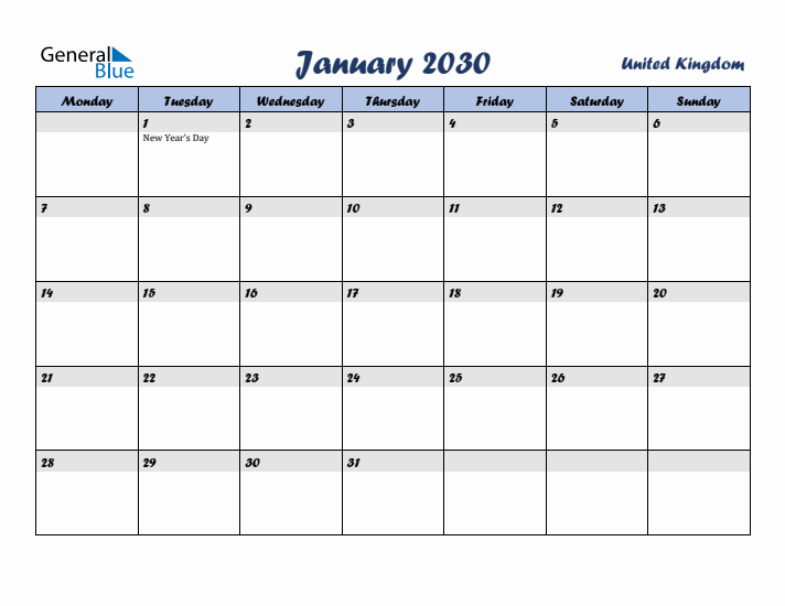 January 2030 Calendar with Holidays in United Kingdom