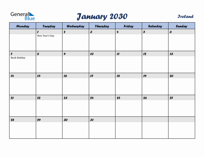January 2030 Calendar with Holidays in Ireland