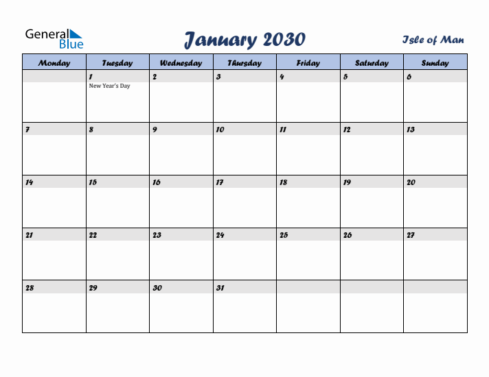 January 2030 Calendar with Holidays in Isle of Man