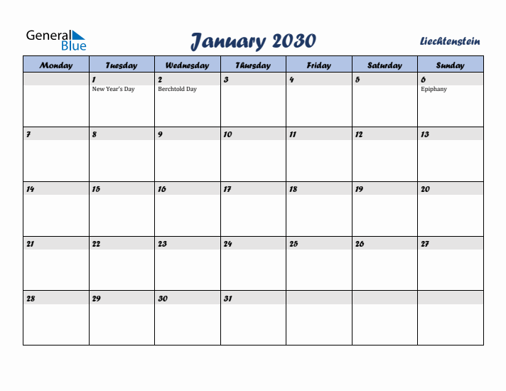 January 2030 Calendar with Holidays in Liechtenstein