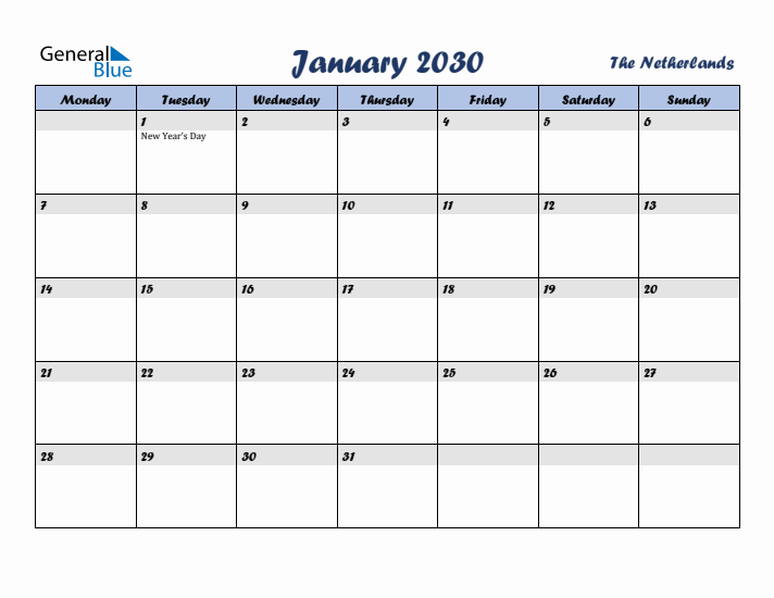 January 2030 Calendar with Holidays in The Netherlands
