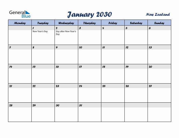 January 2030 Calendar with Holidays in New Zealand