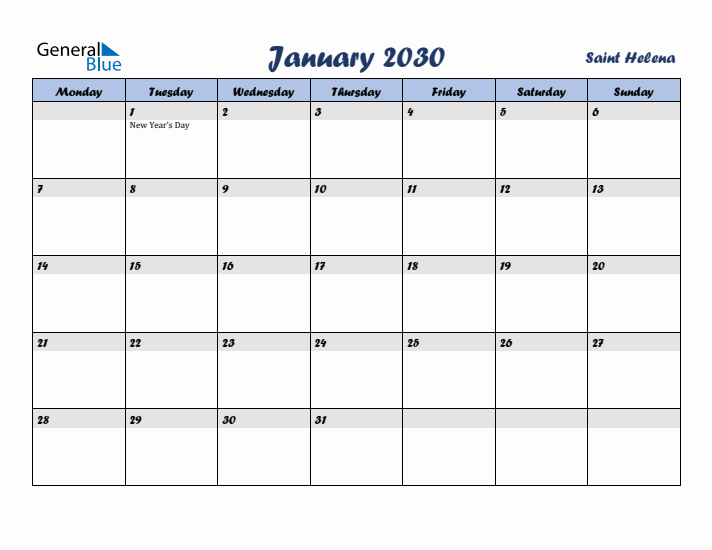 January 2030 Calendar with Holidays in Saint Helena