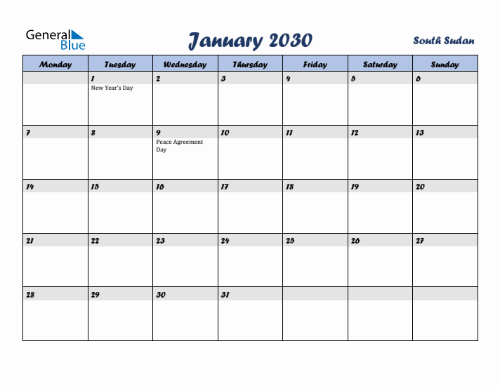 January 2030 Calendar with Holidays in South Sudan