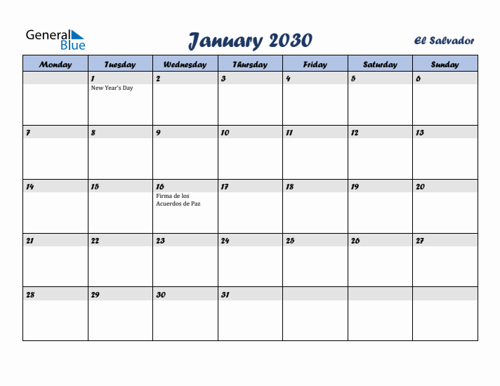 January 2030 Calendar with Holidays in El Salvador