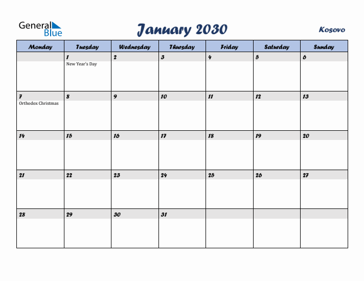 January 2030 Calendar with Holidays in Kosovo