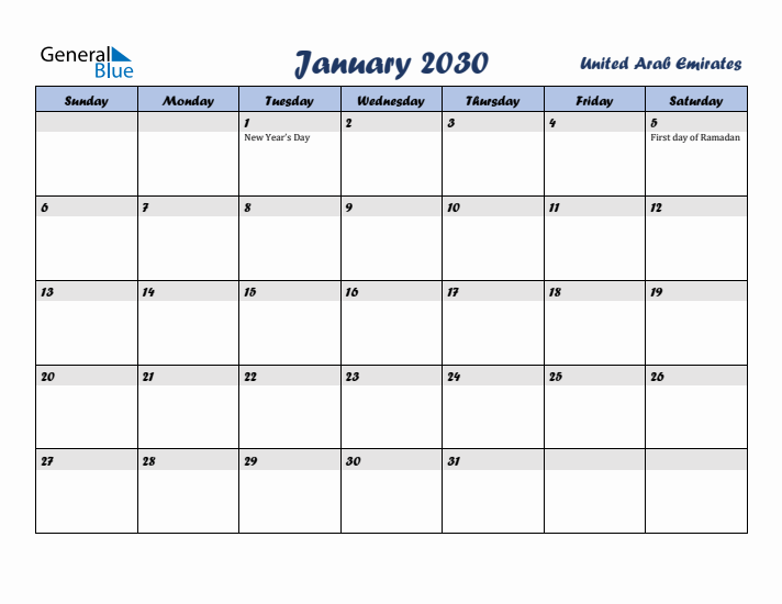 January 2030 Calendar with Holidays in United Arab Emirates