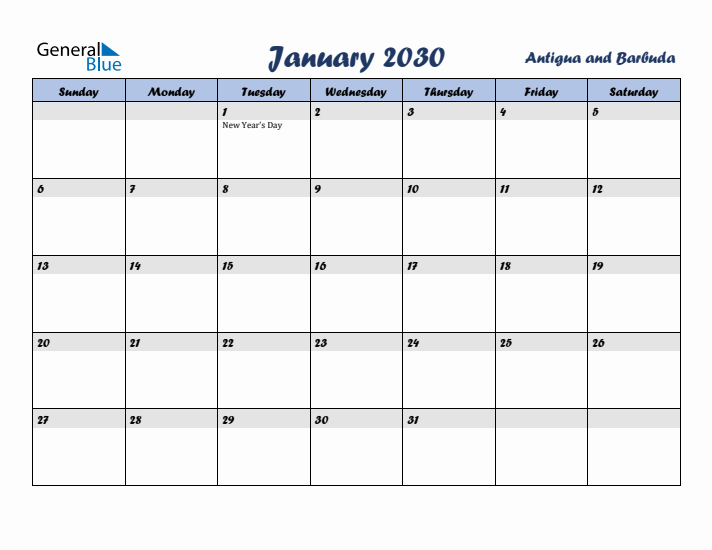 January 2030 Calendar with Holidays in Antigua and Barbuda