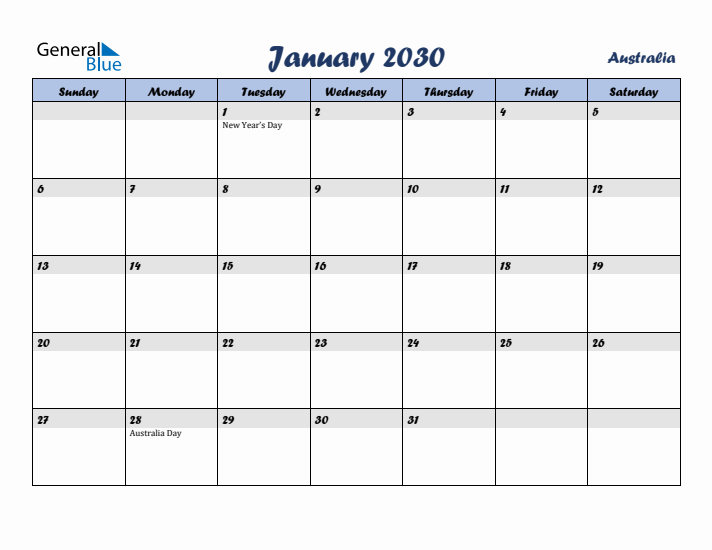 January 2030 Calendar with Holidays in Australia