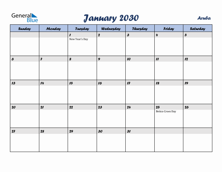 January 2030 Calendar with Holidays in Aruba