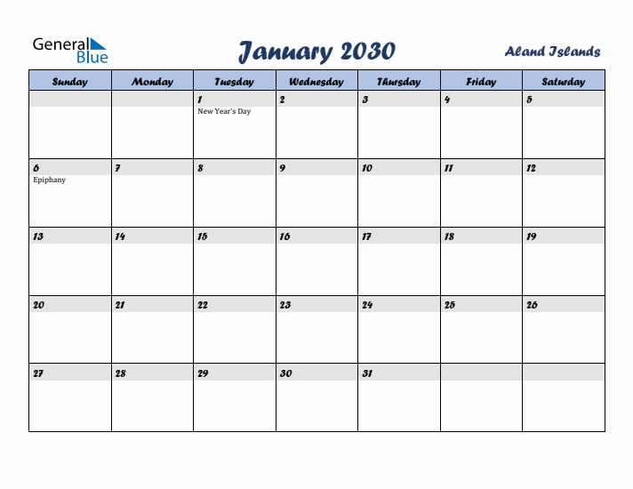 January 2030 Calendar with Holidays in Aland Islands