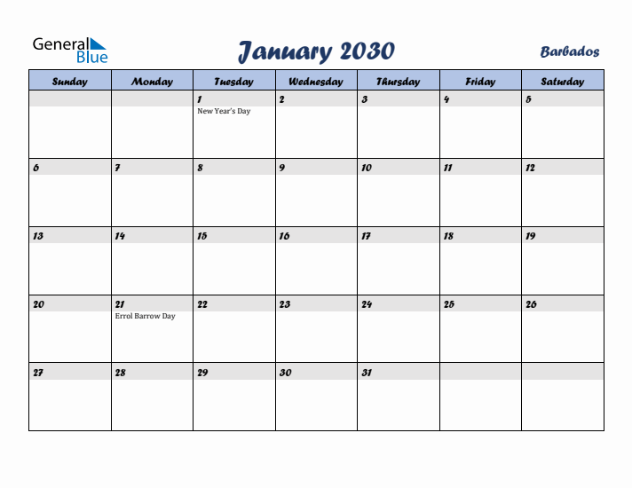January 2030 Calendar with Holidays in Barbados
