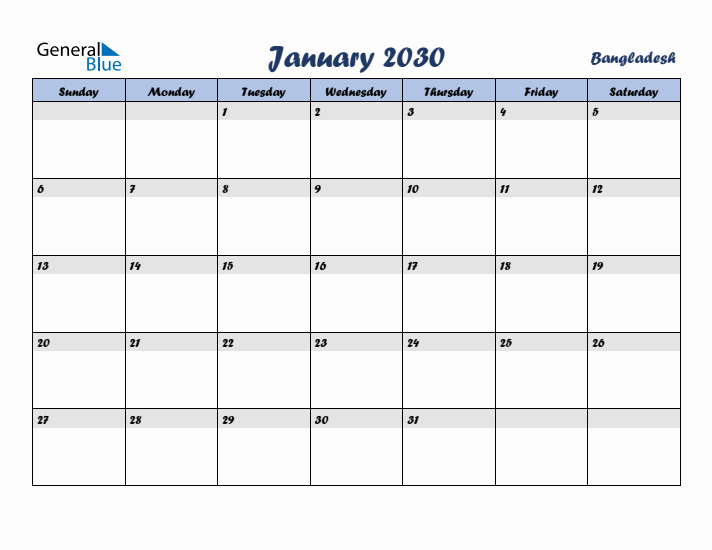 January 2030 Calendar with Holidays in Bangladesh