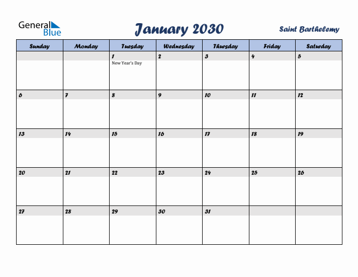 January 2030 Calendar with Holidays in Saint Barthelemy