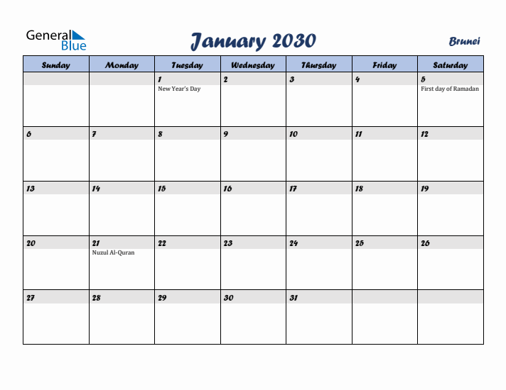 January 2030 Calendar with Holidays in Brunei