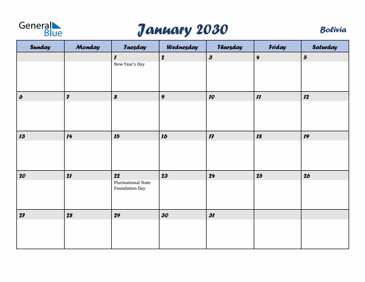 January 2030 Calendar with Holidays in Bolivia