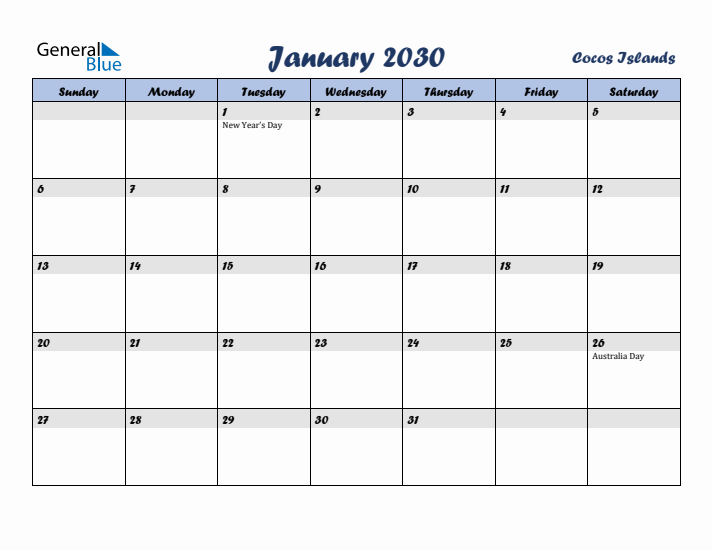 January 2030 Calendar with Holidays in Cocos Islands