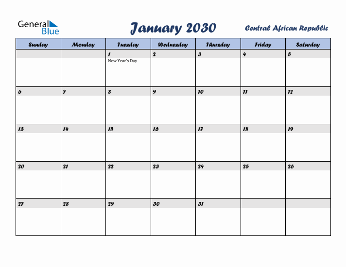 January 2030 Calendar with Holidays in Central African Republic