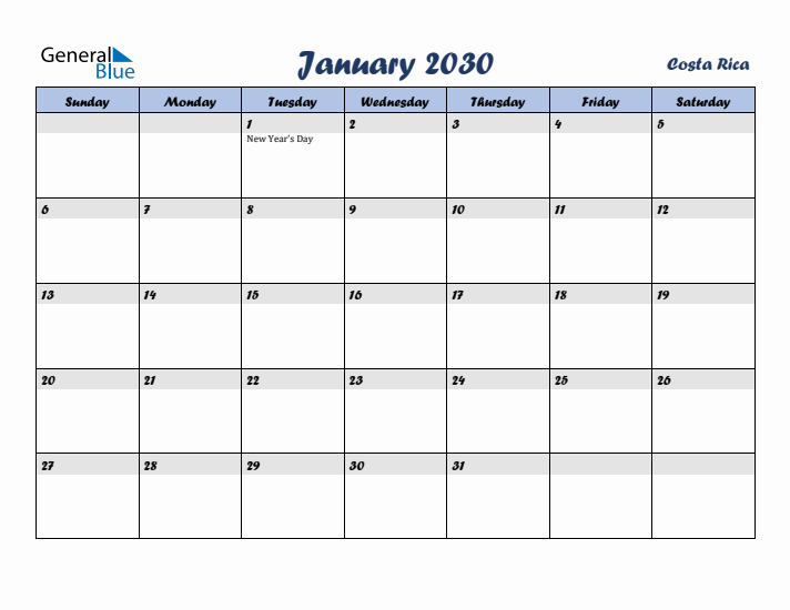 January 2030 Calendar with Holidays in Costa Rica