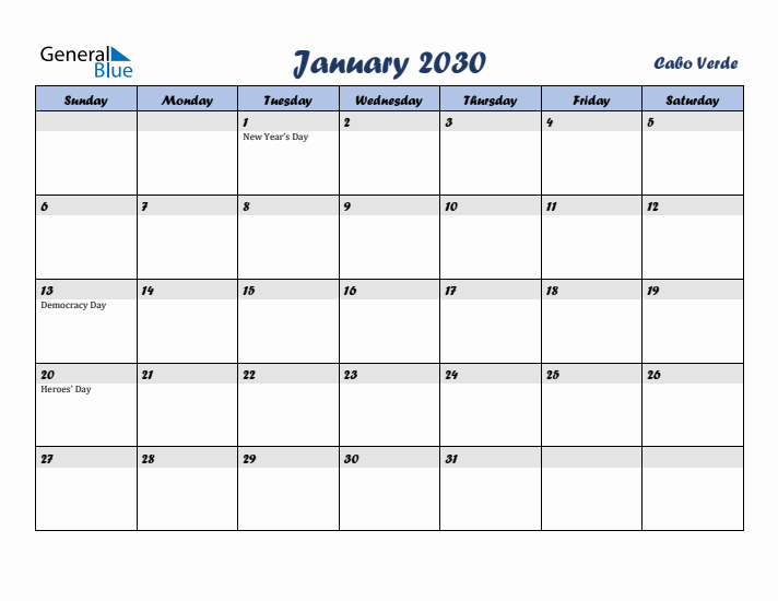 January 2030 Calendar with Holidays in Cabo Verde