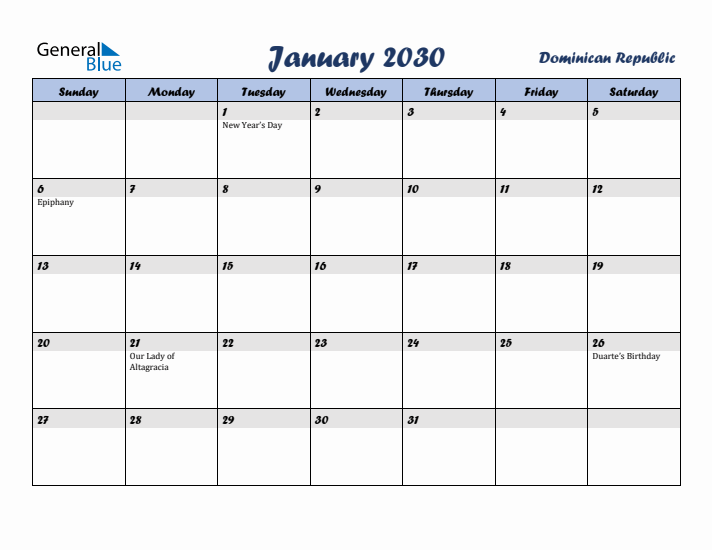 January 2030 Calendar with Holidays in Dominican Republic
