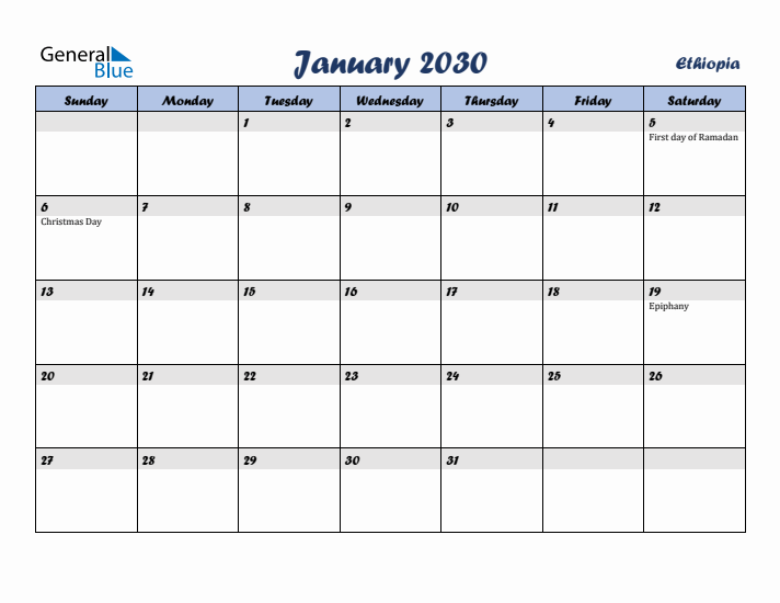 January 2030 Calendar with Holidays in Ethiopia